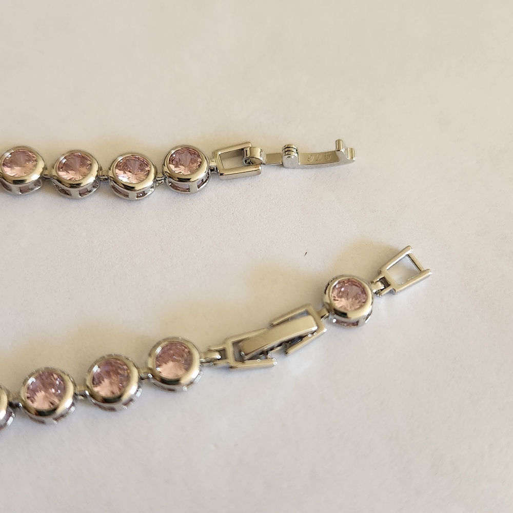 New 925 Silver Round Cut Pink Sapphire Bezel Setting Bracelet Women Extender - Picture 6 of 10